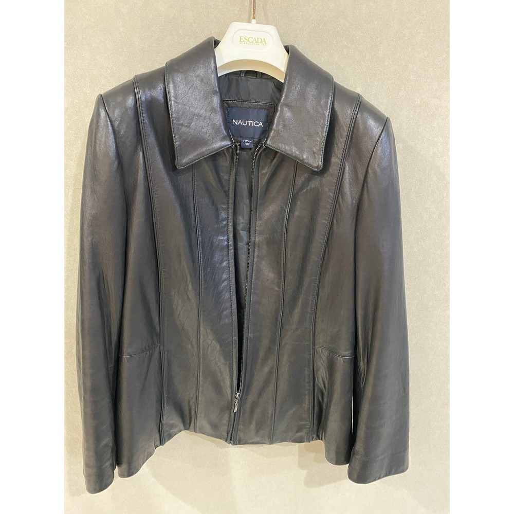 Nautica Womens Black Leather Zip Front Collared Jacket Size Large Seam Detail
